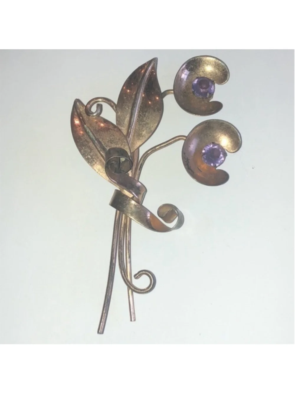 Sterling Gold Wash Purple CZ Rhinestone Floral Spray Brooch Shoulder Pin